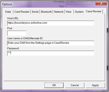 On the Options screen, click CaseReview.